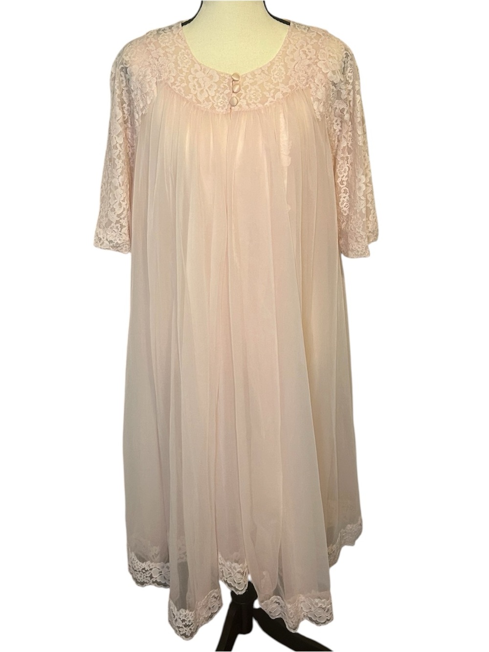 Vintage Shadowline Pink Lace Nylon Peignoir Robe and Sleeveless Nightgown Sz M